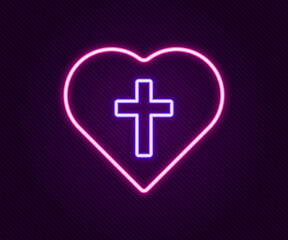 Obraz premium Glowing neon line Christian cross in heart icon isolated on black background. Happy Easter. Colorful outline concept. Vector