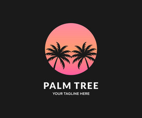 Palm trees against a gradient sun. Outlines of tropical palm trees at sunset, Miami vector design and illustration. Design for advertising brochures, banners, posters, travel agencies.
