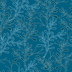 Silhouettes of identical leaves seamless pattern. Vector hand drawn illustration in simple scandinavian doodle cartoon style. Isolated white branches on a blue background.