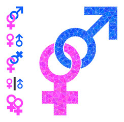 Vector lowpoly sex pair sign icon illustration is designed with scattered filled triangles. Triangulated sex pair sign polygonal symbol vector illustration.