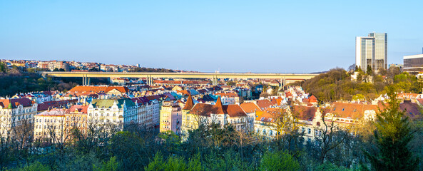 Panoramic evening view of Nusle Bridge in Prague