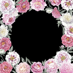 Frame with peonies. Floral template for a sale cards or greeting invitations. Isolated object on white background. Hand drawn botanical illustration.