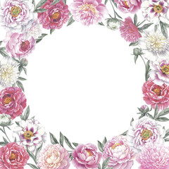 Frame with peonies. Floral template for a sale cards or greeting invitations. Isolated object on white background. Hand drawn botanical illustration.