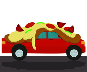 A red car transporting hot tasty pizza. This illustration can be useful for pizza making companies and pizzerias. Vector illustration, isolated.