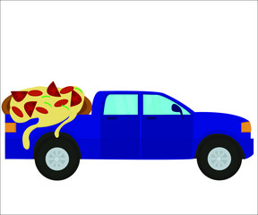 A blue car transporting a tasty hot pizza. This can be useful as a logotype for pizza making companies and pizzerias. Vector illustration, isolated.