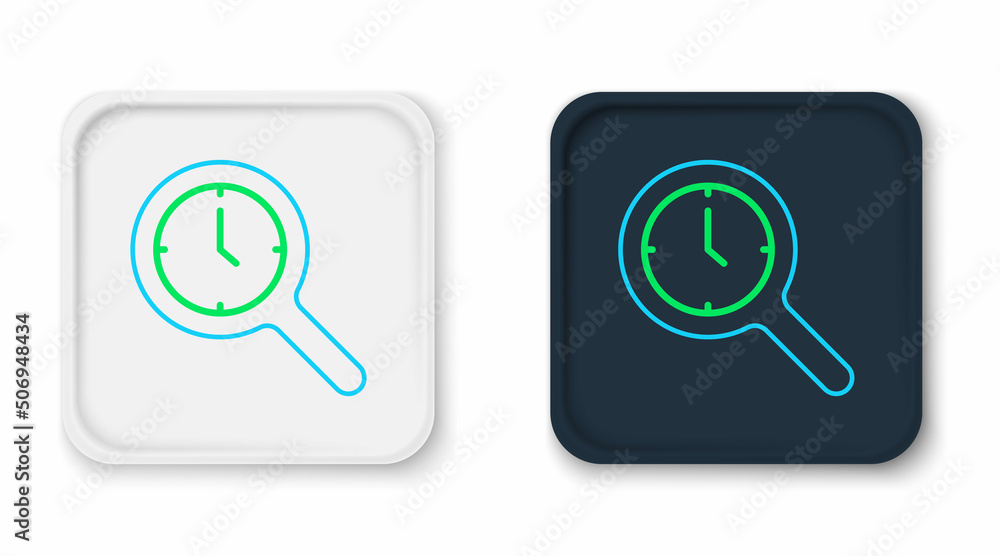 Poster line magnifying glass with clock icon isolated on white background. clock search. colorful outline c