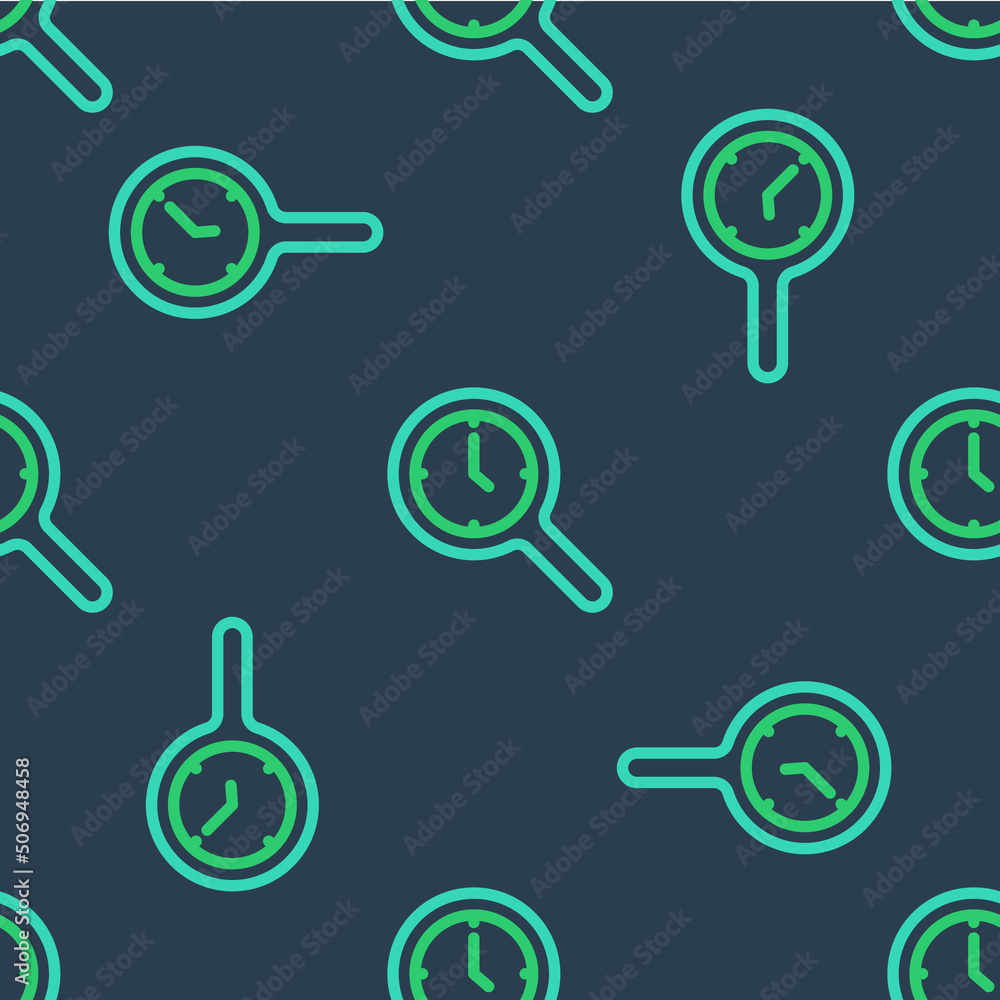 Aufkleber line magnifying glass with clock icon isolated seamless pattern on blue background. clock search. ve