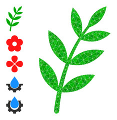 Vector lowpoly flora plant icon illustration is combined with scattered filled triangle parts. Triangulated flora plant polygonal 2d vector illustration.