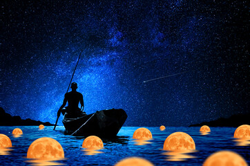 African boatman on a lake filled with spheres of light