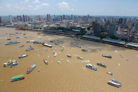 Boats at Guajar&aacute; Bay, taking part in C&iacute;rio Fluvial, part of C&iacute;rio de Nazar&eacute;, the largest Marian procession of the world, which happens every October in Bel&eacute;m, Par&aacute;, Amazon, Brazil. October, 2009.