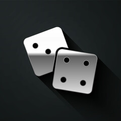 Silver Game dice icon isolated on black background. Casino gambling. Long shadow style. Vector