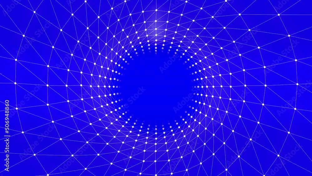 Poster abstract blue background with white dots and lines creating a tunnel effect. motion. technological r