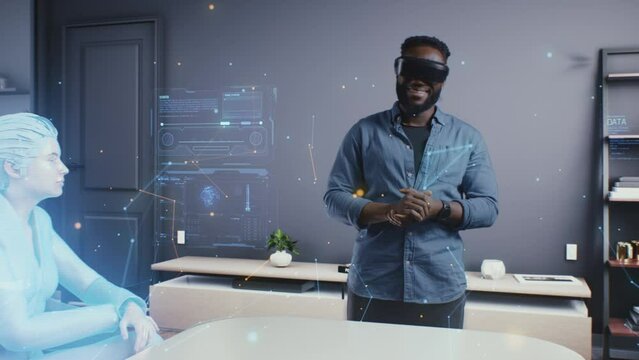 A man wearing vr glasses in the cyberspace of the meta universe at an online meeting, discussing a holographic 3D architectural design of a futuristic sustainable city of the future. 