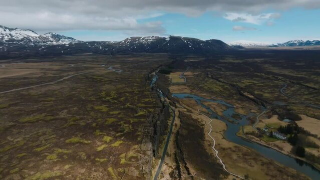 The well visible tectonic plate at Thingvellir National Park in Iceland. The Eurasian and North American tectonic plates