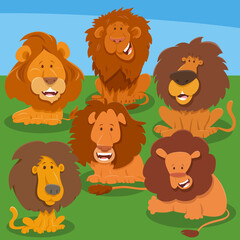 funny cartoon lions animal characters group