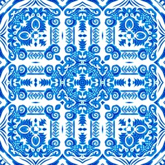 Blue white watercolor azulejos tile background. Seamless coastal geometric floral mosaic effect. Ornamental arabesque all over summer fashion damask repeat