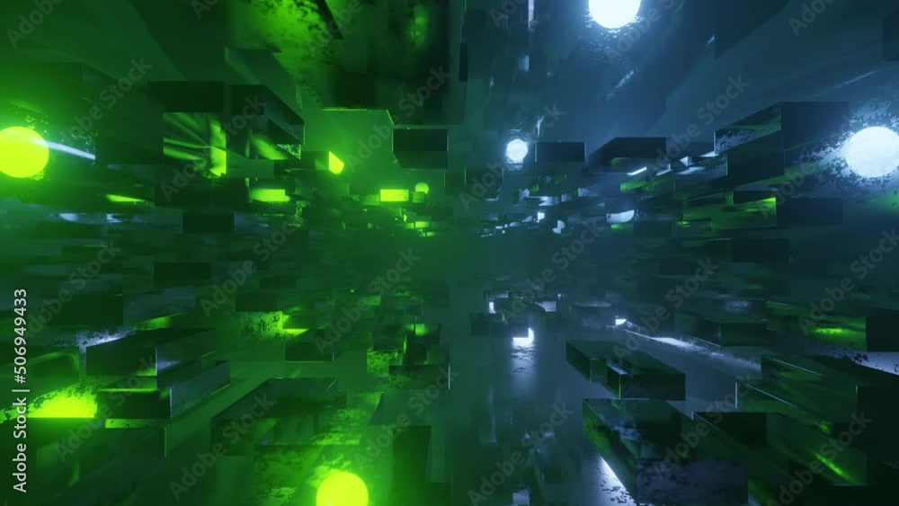 Poster fly through technology cyberspace with neon glow. sci-fi flight through hi-tech technology tunnel. h
