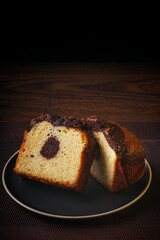 Homemade chocolate marble cake. Chocolate vanilla pancake. Sweet pastries. Copy space