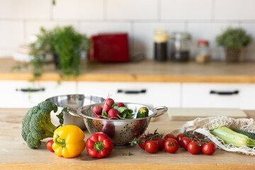 Fresh ripe organic ingredient for vegetarian salad, Low calories diet meal. Colourful vegetables: pepper, tomato, cucumber, broccoli. Natural source of vitamins, healthy food