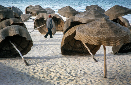 Beach and parasols at the beach of Sousse Tunesia Afrika.