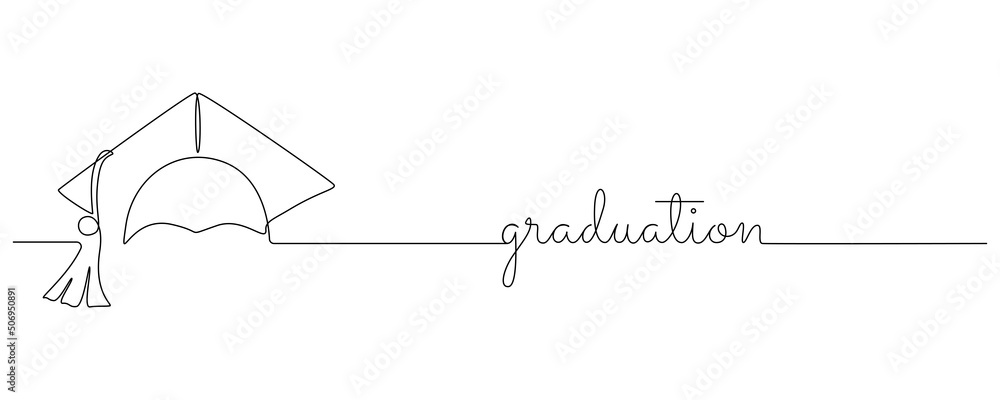 Poster one continuous line drawing of graduation cap. studying thin symbol or logo in simple linear style. 