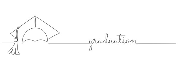 One continuous line drawing of graduation cap. Studying thin symbol or logo in simple linear style. Monoline concept of student of university and college. Editable stroke. Doodle vector illustration