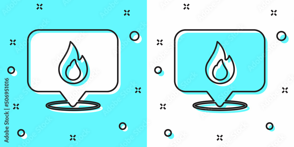 Poster black line map pointer with fire flame icon isolated on green and white background. fire nearby. ran