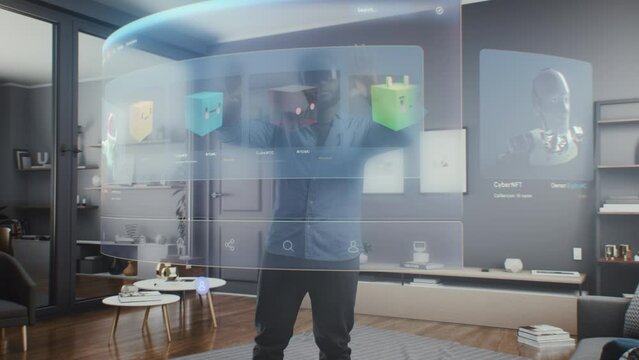African American man wearing VR glasses uses NFT interface in virtual cyberspace metaverse space