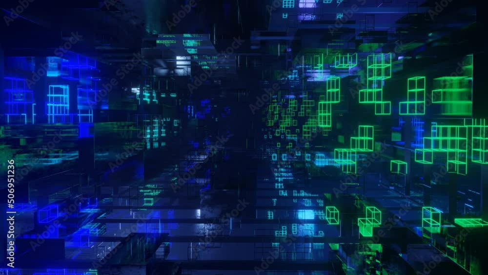 Poster sci-fi constructions, mysterious 3d objects in fog. fly through technology cyberspace with neon glow