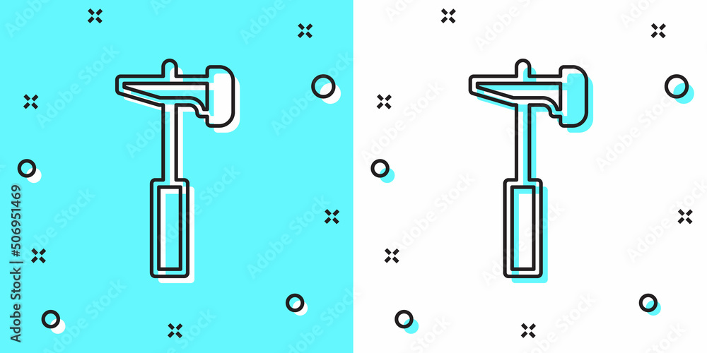 Poster Black line Hammer icon isolated on green and white background. Tool for repair. Random dynamic shapes. Vector