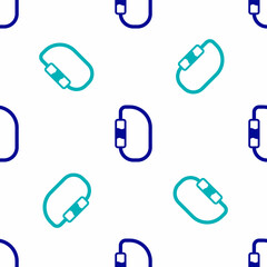 Blue Carabiner icon isolated seamless pattern on white background. Extreme sport. Sport equipment. Vector