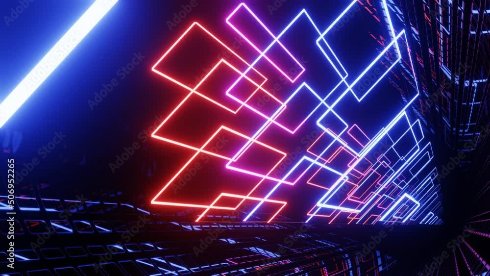 Poster hi-tech neon sci-fi tunel. trendy neon glow lines form pattern and construction in mirror tunnel. sc