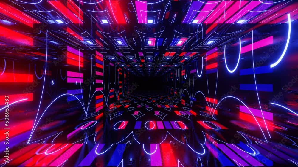Aufkleber futuristic hologram. 4k seamless looped animation. fly through mirror tunnel with neon pattern, glow