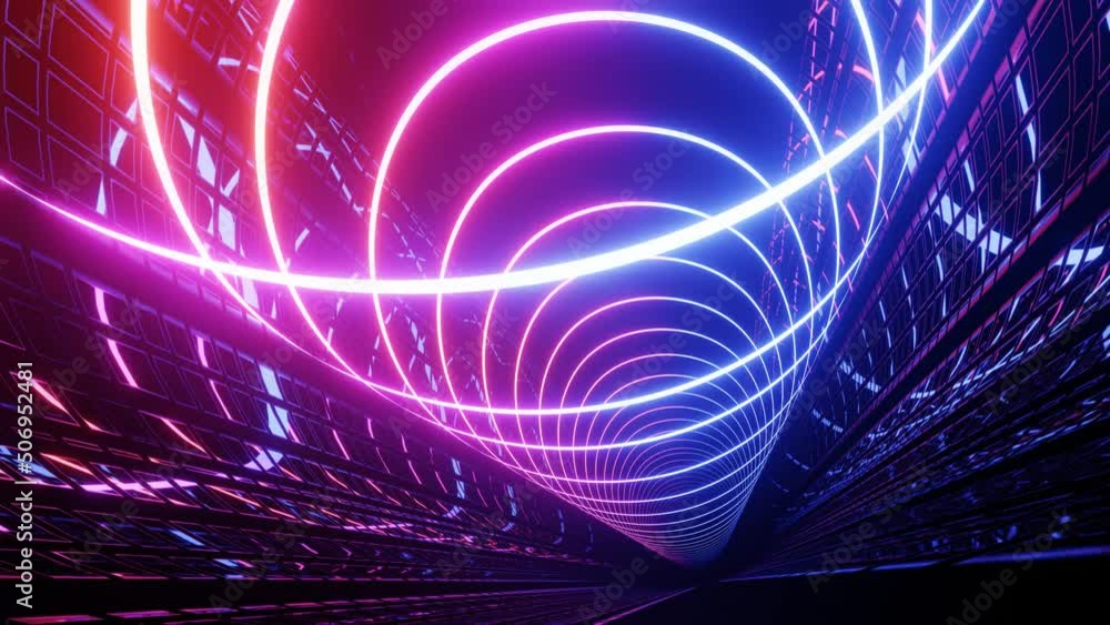 Poster hi-tech neon sci-fi tunel. trendy neon glow lines form pattern and construction in mirror tunnel. sc