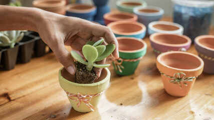 Hands of a Latin woman, painting clay pots to plant succulent plants
