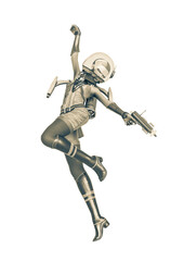 vintage astronaut girl is hanging with a laser gun in her hand