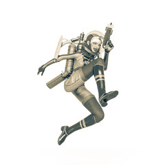 vintage astronaut girl is jumping in action