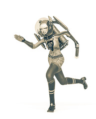 vintage astronaut girl is running with laser gun in her hand