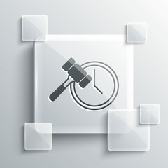 Grey Auction hammer icon isolated on grey background. Gavel - hammer of judge or auctioneer. Bidding process, deal done. Auction bidding. Square glass panels. Vector