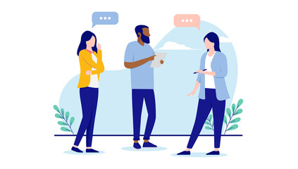 People working together - Small diverse group of businesspeople in casual clothing standing up and having a meeting. Flat design vector illustration with white background