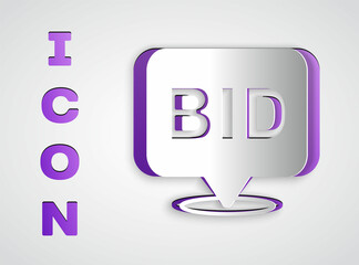 Paper cut Bid icon isolated on grey background. Auction bidding. Sale and buyers. Paper art style. Vector