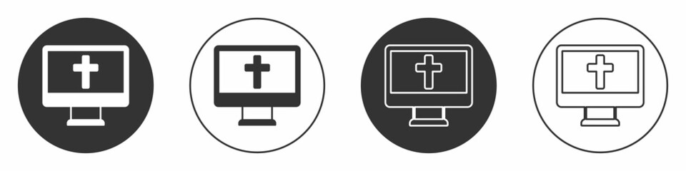 Black Christian cross on monitor icon isolated on white background. Church cross. Circle button. Vector