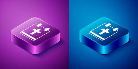 Isometric Calendar with Easter icon isolated on blue and purple background. Spring Christian Holiday symbol. Square button. Vector