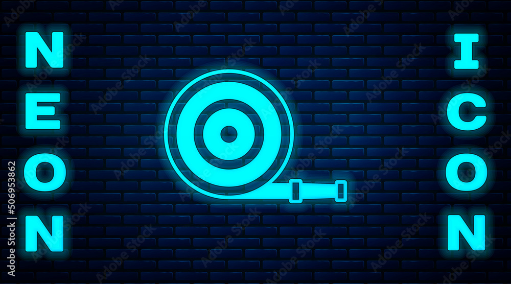 Sticker glowing neon fire hose reel icon isolated on brick wall background. vector