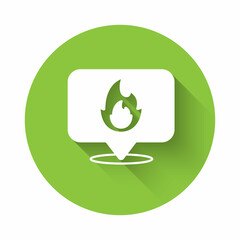 White Map pointer with fire flame icon isolated with long shadow background. Fire nearby. Green circle button. Vector