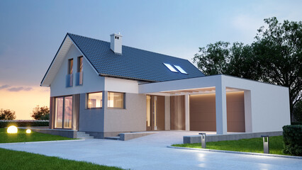 Single family house with garage, 3D illustration
 - obrazy, fototapety, plakaty
