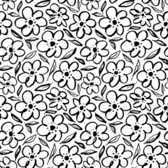 Childish style simple black flowers with leaves. Charcoal drawing flowers. Hand drawn vector seamless pattern. Botanical motif ornament. Poppies, chamomile, peony and daisy. Black sketch