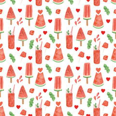 Watercolor watermelon seamless pattern, summer ripe fruit. Watermelon party