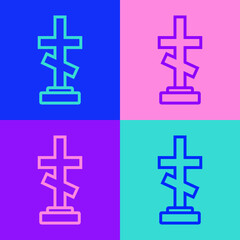 Obraz premium Pop art line Grave with cross icon isolated on color background. Vector