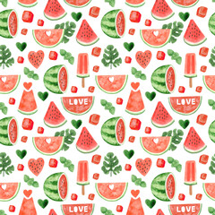 Watercolor watermelon seamless pattern, summer ripe fruit. Watermelon party